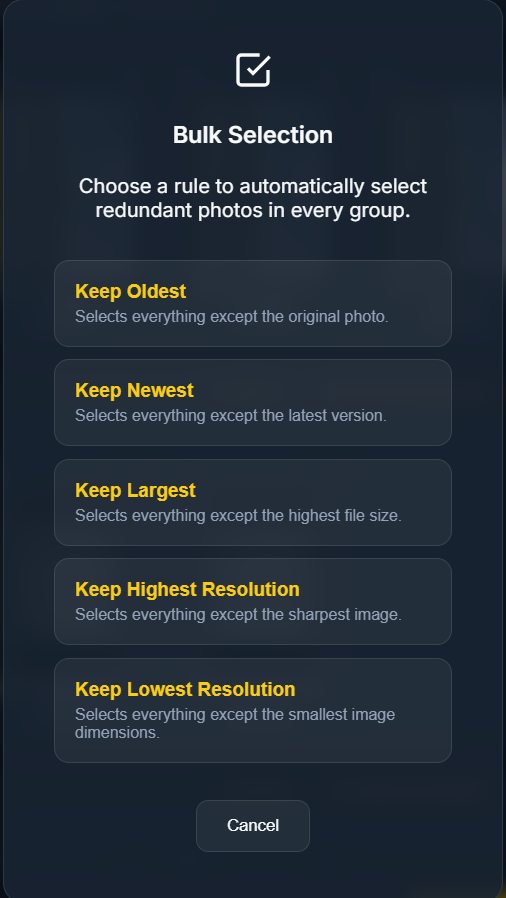 Bulk selection rules: Keep Oldest, Newest, Largest, Highest or Lowest resolution