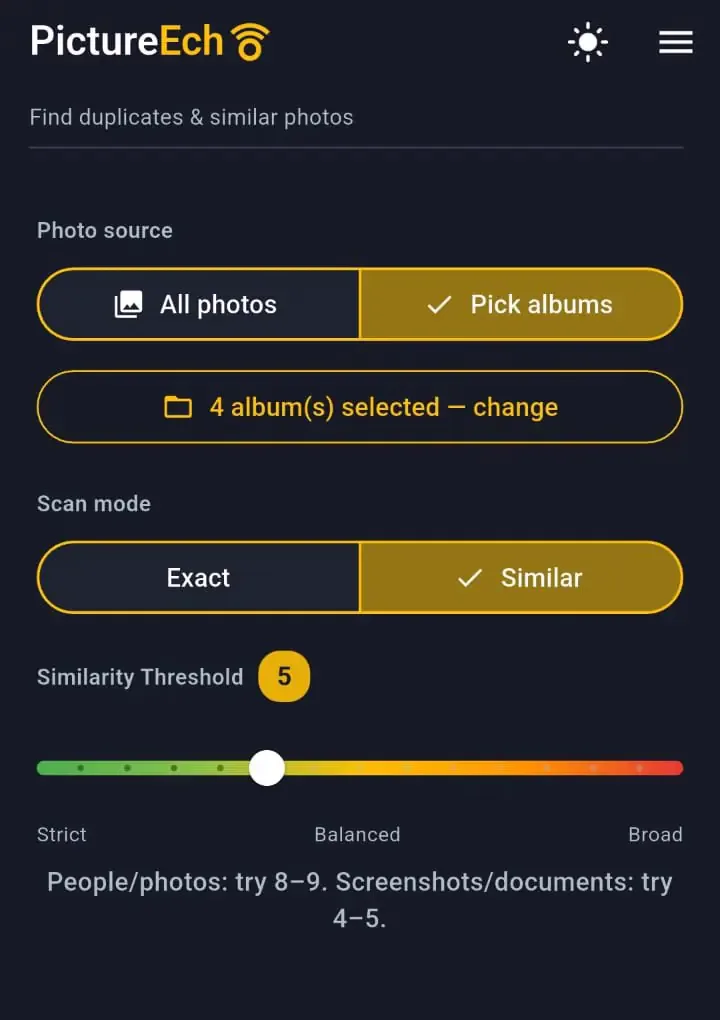 PictureEcho Android with Similar selected and Pick albums on