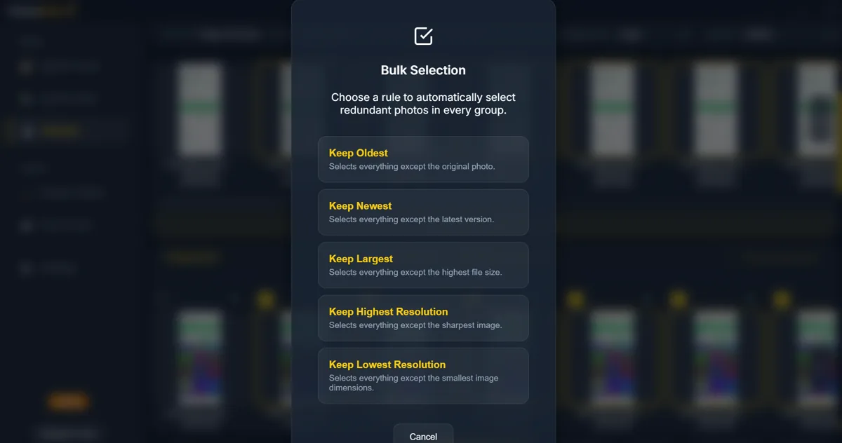PictureEcho keep rules for oldest, newest, largest, highest resolution, and lowest resolution